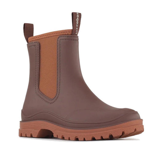 Los Cabos Amelia Chocolate Ankle Rain Boot—waterproof, with comfy neoprene lining, slip-resistant sole, elastic sides, and easy pull tabs.  ksnz