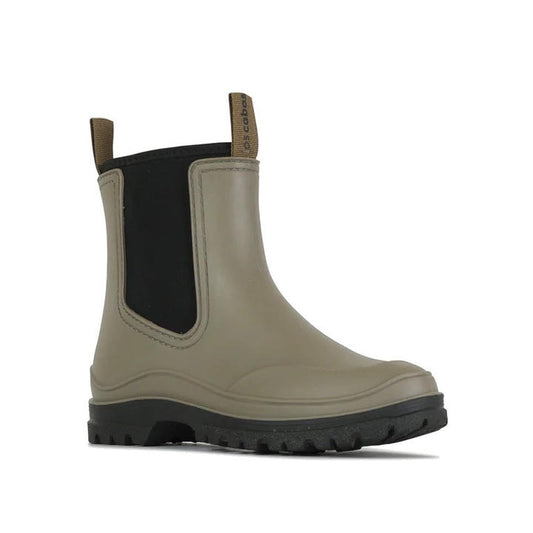 Los Cabos Amelia Khaki Ankle Rain Boot for kids, waterproof with black elastic sides, easy pull tabs, and grippy black sole.  ksnz