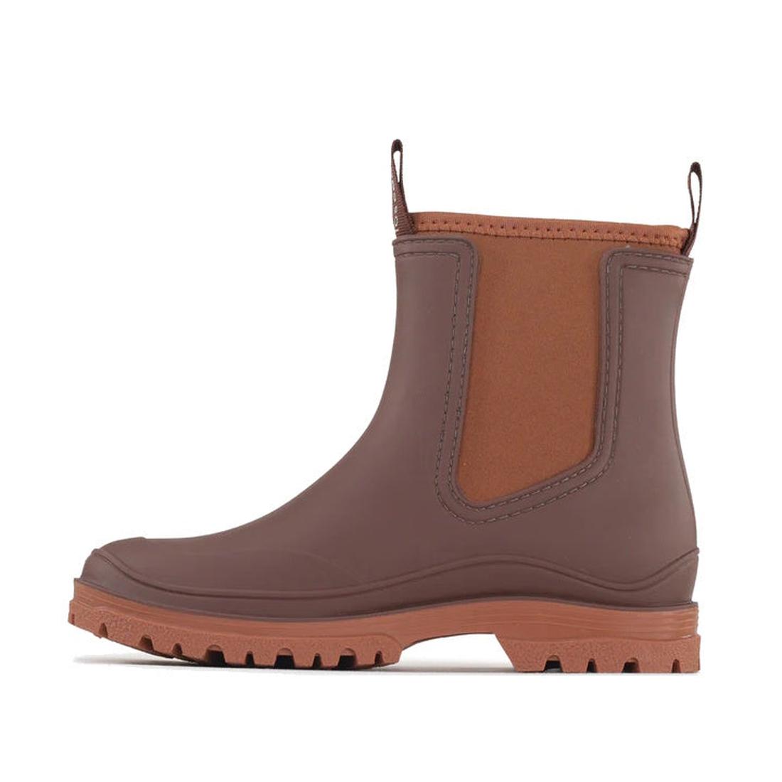 Los Cabos Amelia Chocolate Ankle Rain Boot in warm brown, slip-on style with handy pull tabs, tan stretchy sides, and sturdy tread.  ksnz, 50781, 9321190004915, 9321190004922, 9321190004939, 9321190004946, 9321190004953, 9321190004960