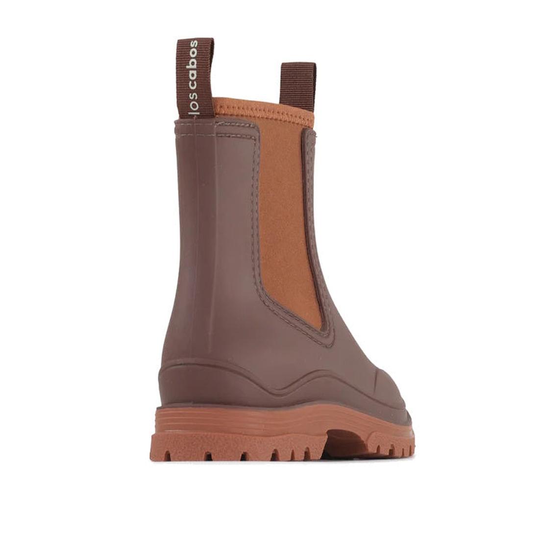 Los Cabos Amelia Chocolate Ankle Rain Boot: brown Chelsea style, tan elastic sides, easy pull tab, cozy lining, sturdy tread for play.  ksnz, 50781, 9321190004915, 9321190004922, 9321190004939, 9321190004946, 9321190004953, 9321190004960