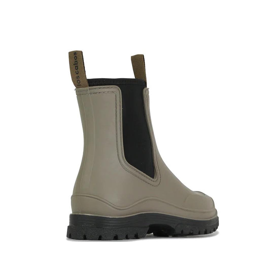 The Los Cabos Amelia Khaki Ankle Rain Boot Waterproof is shown from a rear side angle with black elastic side panels, pull tabs, and a chunky treaded sole. Lightweight and comfortable, these boots have a neoprene lining to keep feet dry., 50795, 932119116