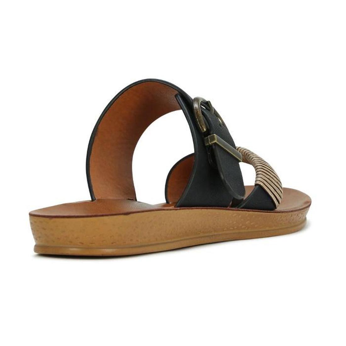 A single Los Cabos Bria Black Light Flexible Sandal Jandal, featuring a flat textured sole, wide black straps, a metallic buckle, and beige twisted detail across the front, is shown from a rear-side angle., 9321191053158, 9321191053165, 9321191053172, 932