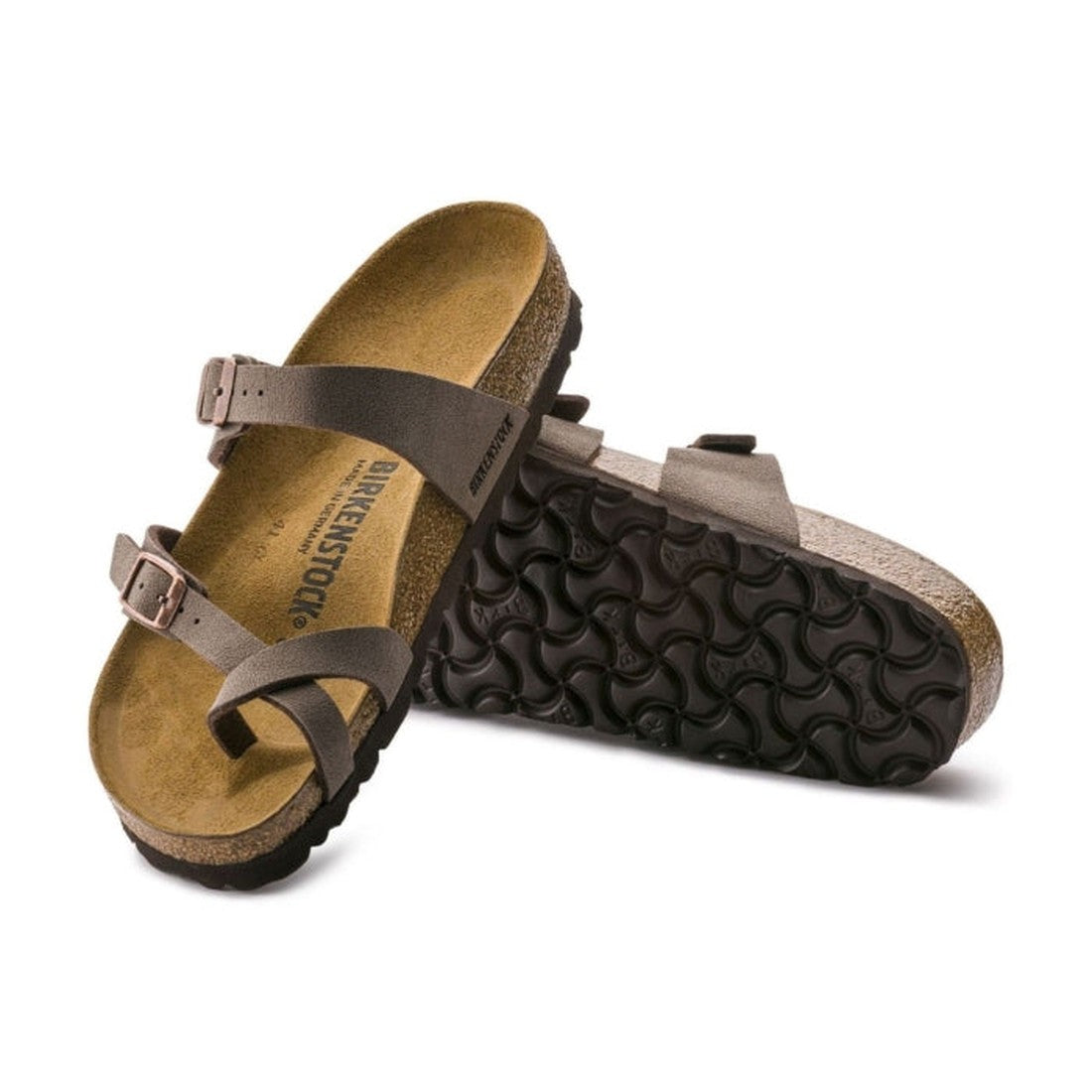 a pair of Birkenstock Mayari Womens Birko Flor Mocca Brown Regular Width- thin strappy sandals with bubkle adjustment over the foot and on the outside of the foot near the toe area. Straps cross cross over the toes and a separate strap over the top of the