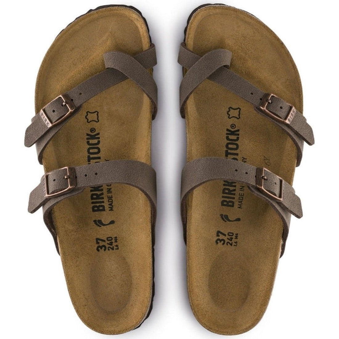 top down view of a pair of Birkenstock Mayari womens sandals showing mocca brown upper, thin straps with buckle over the top of the foot and over the toes as well as the suede tan footbed with the curve indent for the heel and arch support.,
4040714632537