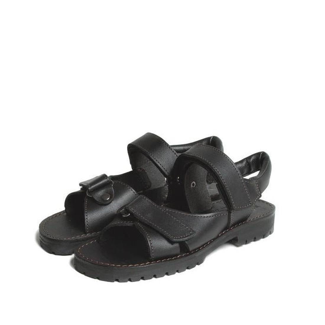 McKinlays Safari Black School Sandals (sizes 35-42) with sturdy soles and easy Velcro straps, black leather shown on white.  ksnz