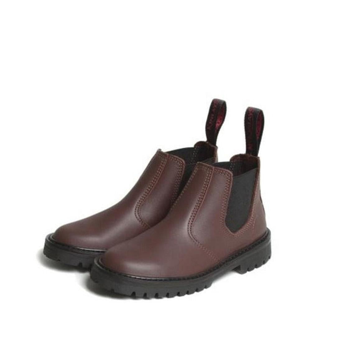 The McKinlays Hunter Pull On Boot for kids shines in rich mahogany brown, with black elastic sides, sturdy black soles, and easy back tabs.  ksnz