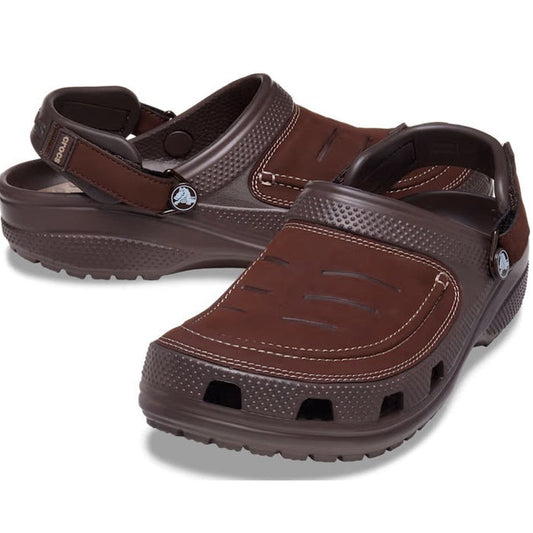 The Crocs Men's Yukon Vista II LR LiteRide Vegan Clog in brown features ventilation holes, adjustable heel straps, faux leather uppers, LiteRide foam footbeds, and a textured sole, displayed on a white background.