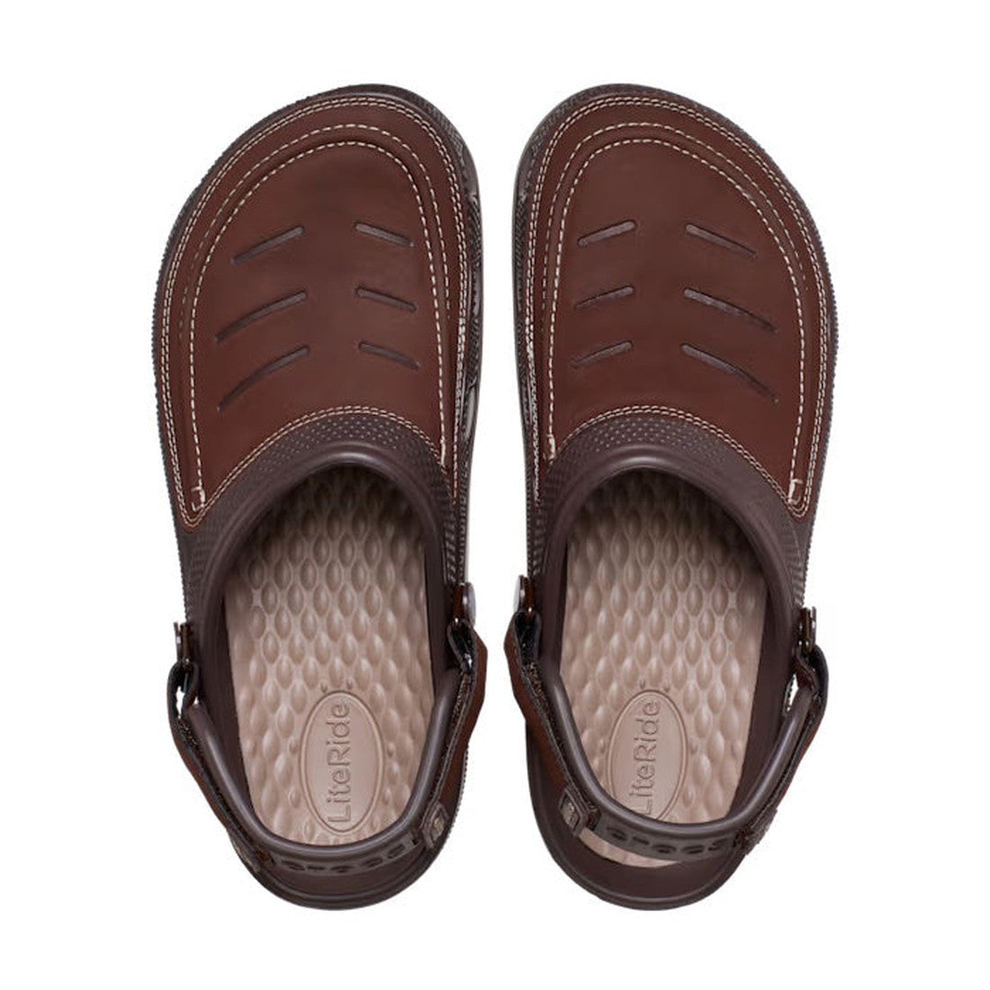 Top view of Crocs - Mens Yukon Vista II LR LiteRide Vegan Clog in brown, featuring faux leather uppers, adjustable heel straps, cutout slits, white stitching, and LiteRide foam footbeds for superior comfort., 191448934290, 191448934306, 191448934313, 1914