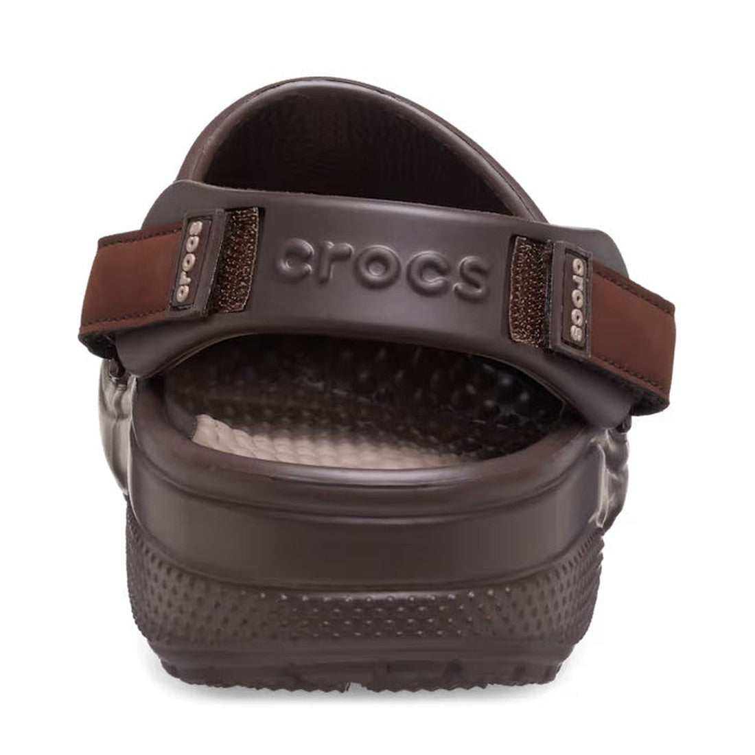 A rear view of the Crocs - Mens Yukon Vista II LR LiteRide Vegan Clog Brown shows the back strap, faux leather uppers, Crocs logo, and textured heel., 191448934290, 191448934306, 191448934313, 191448934238, 191448934245, 191448934252, 191448934269