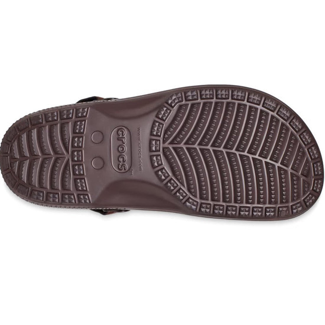 The image shows the sole of a brown Crocs - Mens Yukon Vista II LR LiteRide Vegan Clog, featuring a textured tread pattern with the Crocs logo and website embossed at the center., 191448934290, 191448934306, 191448934313, 191448934238, 191448934245, 19144