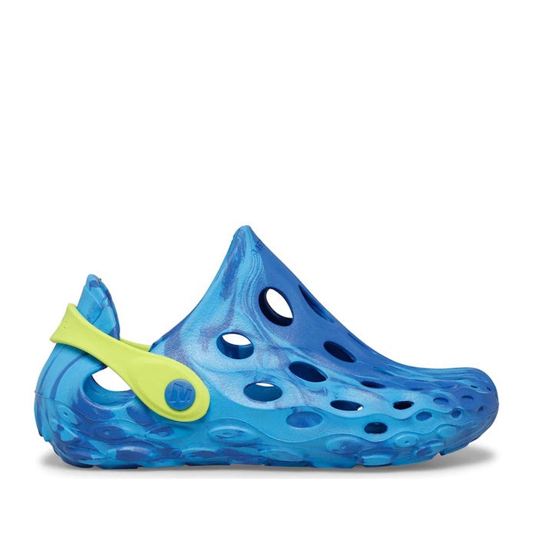Merrell Kids Youths Hydro Moc Sandal Clog in blue, shown from the side with airy holes, comfy green heel strap, and easy slip-on sole.  ksnz