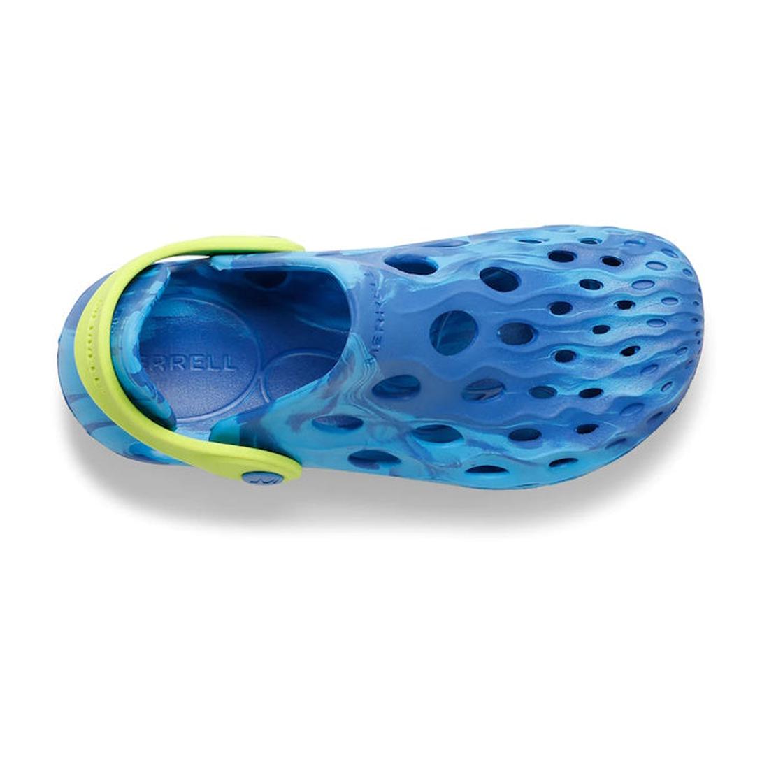 Merrell Kids Youths Hydro Moc Sandal Clog—blue slip-on with big ventilation holes, green-yellow heel strap, and wavy textured sole.  ksnz