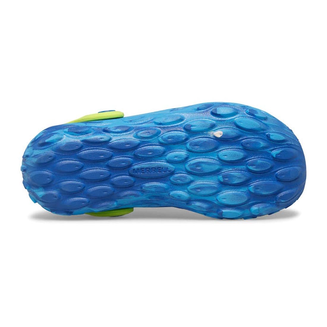 Merrell Kids Youths Hydro Moc Sandal Clog in blue, shown from below with textured oval grips and an easy slip-on design for active kids.  ksnz