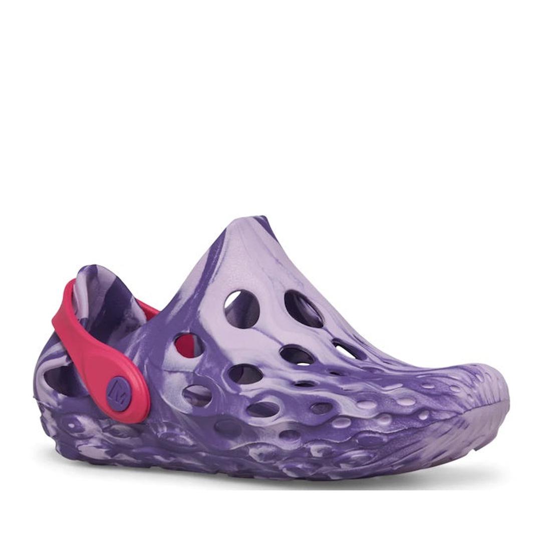 The Merrell Kids Youths Hydro Moc Sandal Clog Purple Orchid is a comfy, purple kids sandal with sturdy sole and easy pink heel strap.  ksnz