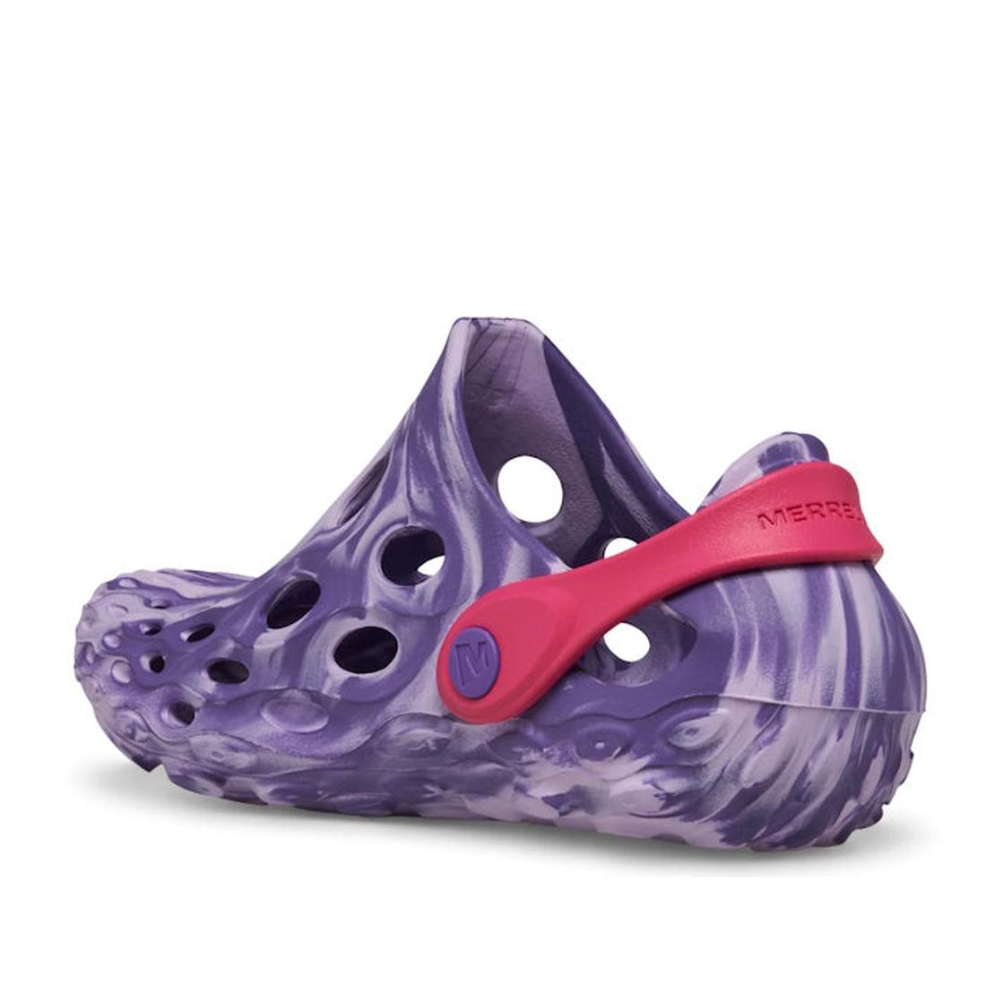 Merrell Kids Youths Hydro Moc Sandal Clog in Purple Orchid: closed toe, marbled purple, pink heel strap, textured sole, airy and light.  ksnz