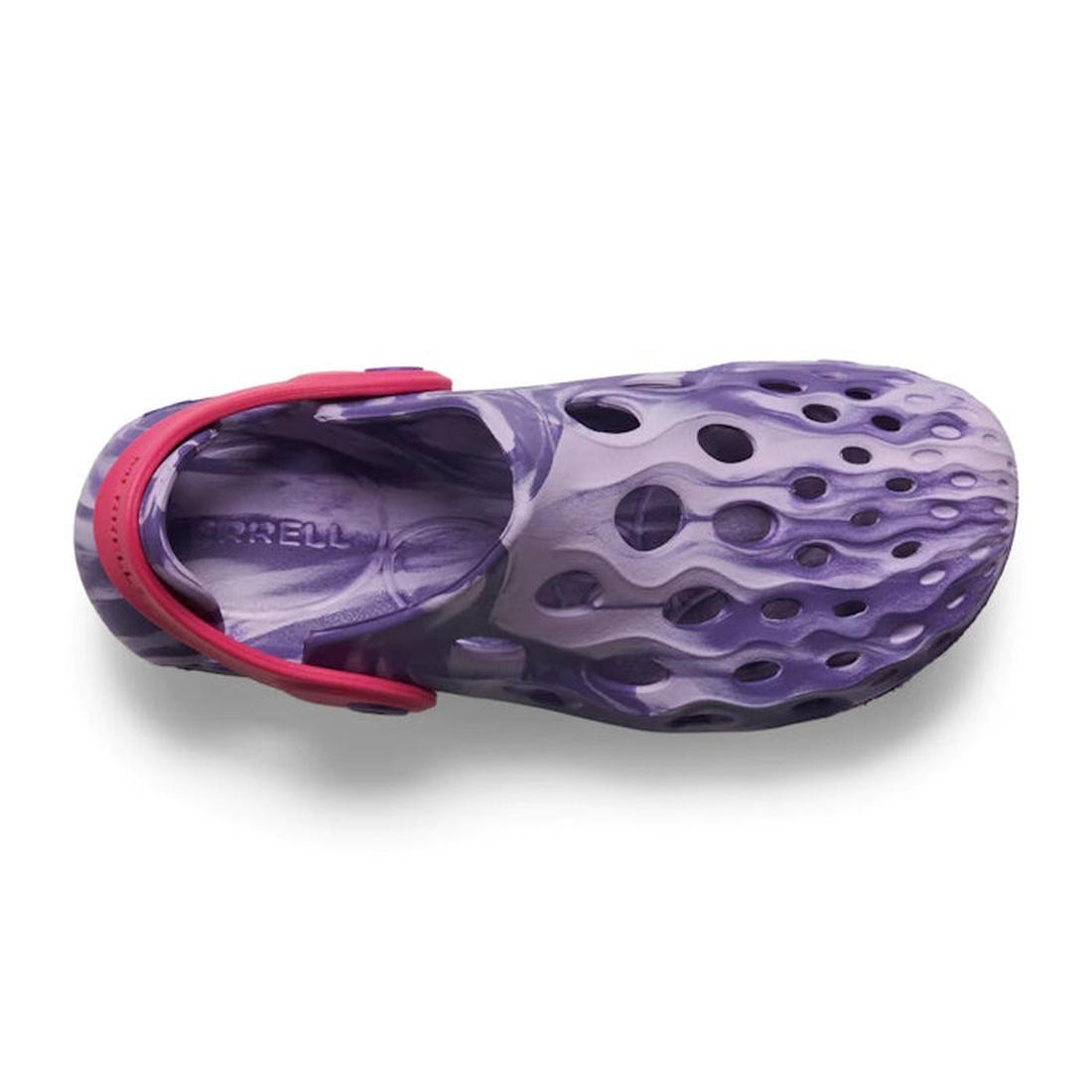 Merrell Kids Youths Hydro Moc Sandal Clog in Purple Orchid, water-friendly with a grippy sole, airy holes, and a secure red heel strap.  ksnz