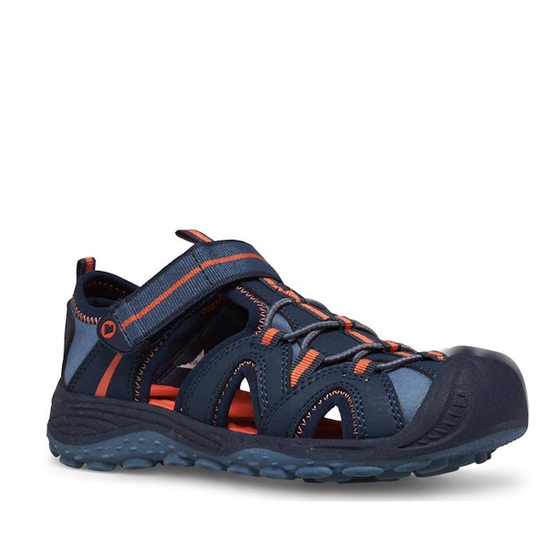 Merrell Kids Youths Hydro Hiker Voyager Sandal in navy with orange details, closed toe, sturdy sole, and easy hook-and-loop strap.  ksnz