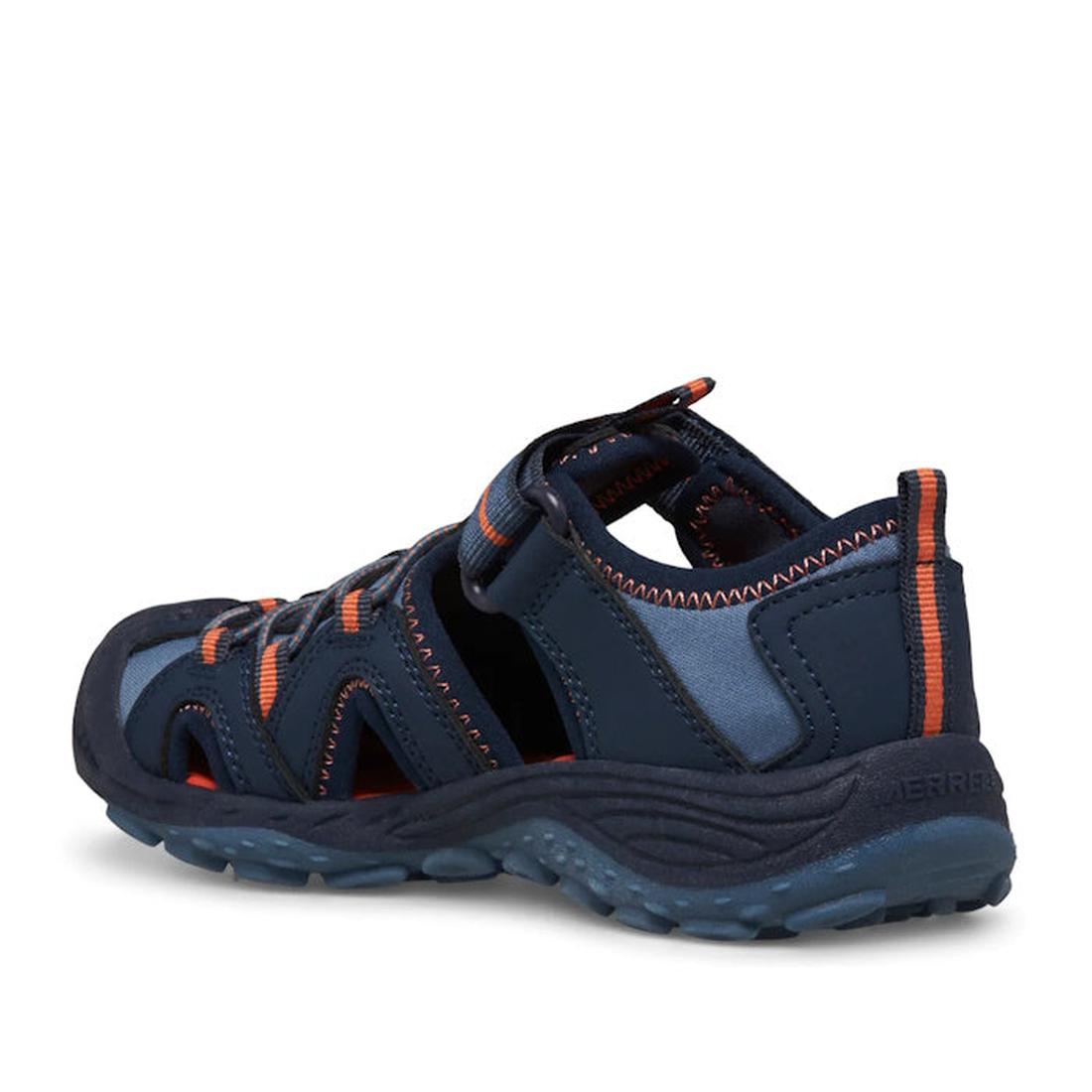 Merrell Kids Youths Hydro Hiker Voyager Sandal in navy blue/orange, with grippy sole and easy hook-and-loop strap, back left view.  ksnz
