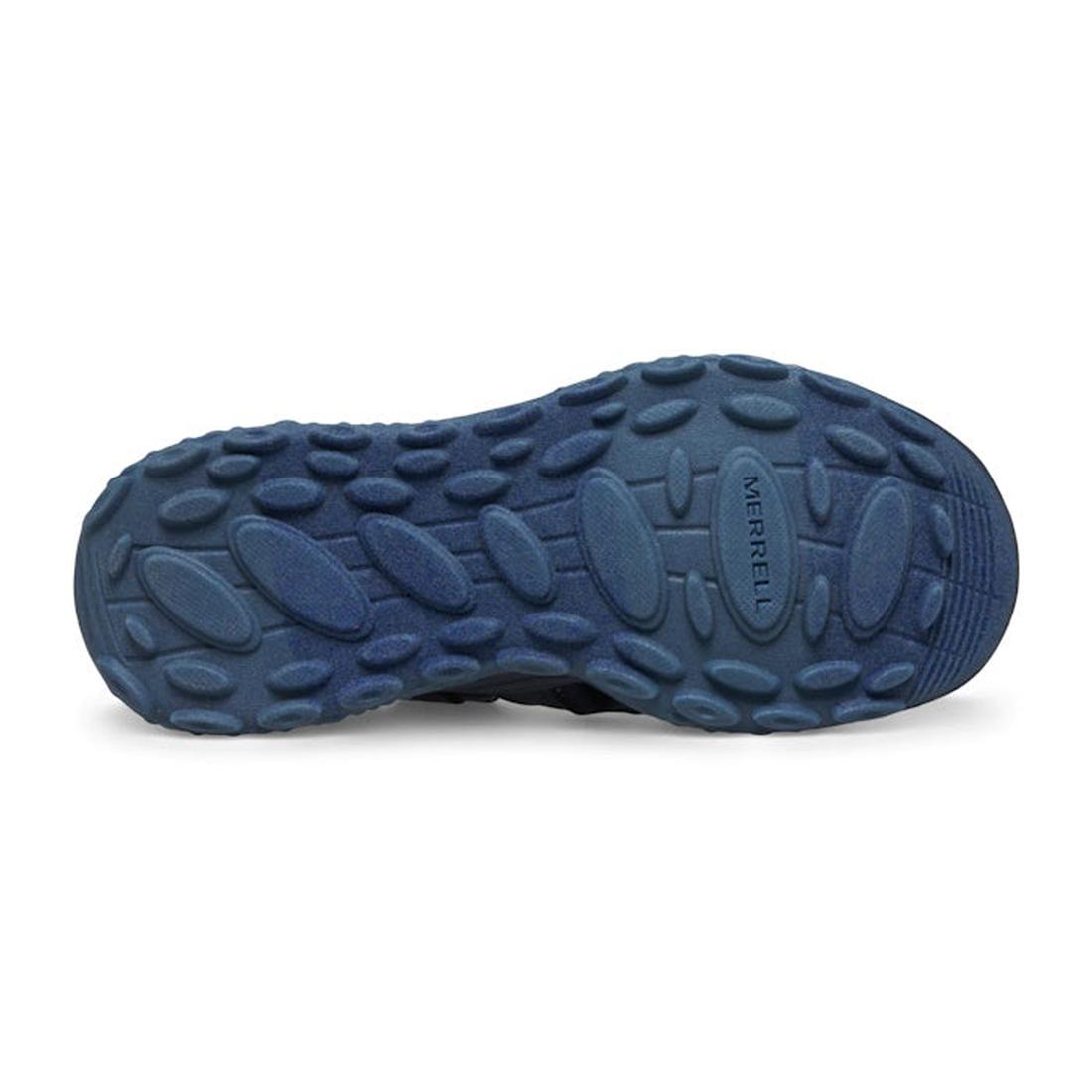 Merrell Kids Youths Hydro Hiker Voyager Sandal with Closed Toe in Navy, shown with a sturdy blue sole, gripping ovals, and logo detail.  ksnz