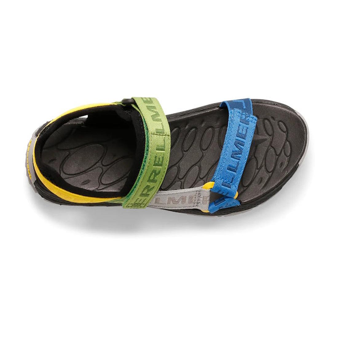 Merrell Kids Youths Kahuna Web Sandal in Black Multi Logo—colorful straps, easy hook-and-loop closure, grippy sole for adventures.  ksnz