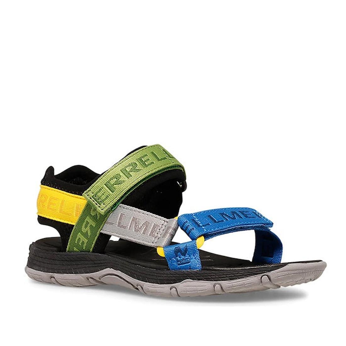 Merrell Kids Youths Kahuna Web Sandal in Black Multi Logo has easy-adjust straps, bright colors, sturdy gray sole, and comfy footbed.  ksnz
