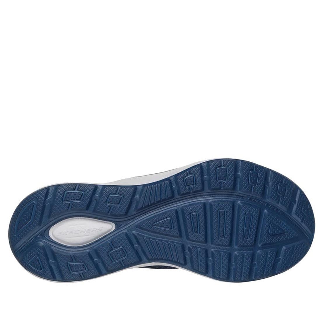 The image shows the blue rubber sole of the Skechers Mens Slip Ins Relaxed Fit Equalizer 6.0 WW Stoaver Navy shoe, featuring textured grip patterns, a visible Skechers logo near the heel, and Air-Cooled Memory Foam for enhanced comfort., 51966, 51967, 199