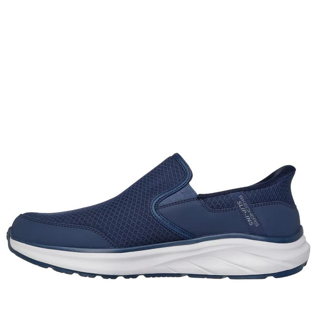 The Skechers Mens Slip Ins Relaxed Fit Equalizer 6.0 WW Stoaver Navy is a navy blue extra wide slip-on sneaker with a mesh upper, cushioned white sole, rounded toe, subtle stitching, and air-cooled memory foam for all-day comfort., 51966, 51967, 199025039