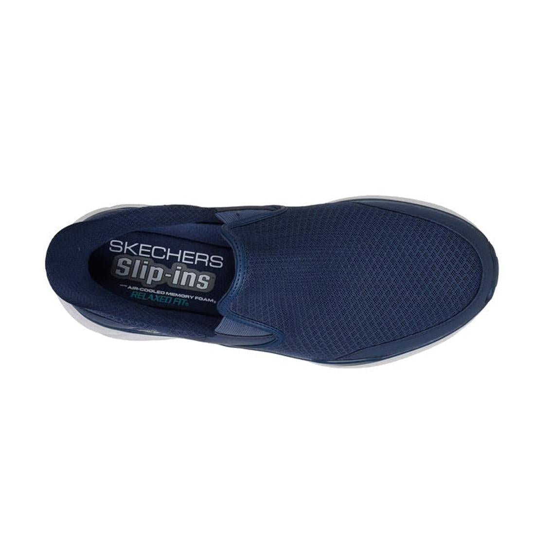 Top view of a Skechers Mens Slip Ins Relaxed Fit Equalizer 6.0 WW Stoaver Navy shoe, featuring a navy mesh upper, white sole, and "Skechers Slip-ins Air-Cooled Memory Foam Relaxed Fit" printed on the insole., 51966, 51967, 199025039116, 51969, 19902503913