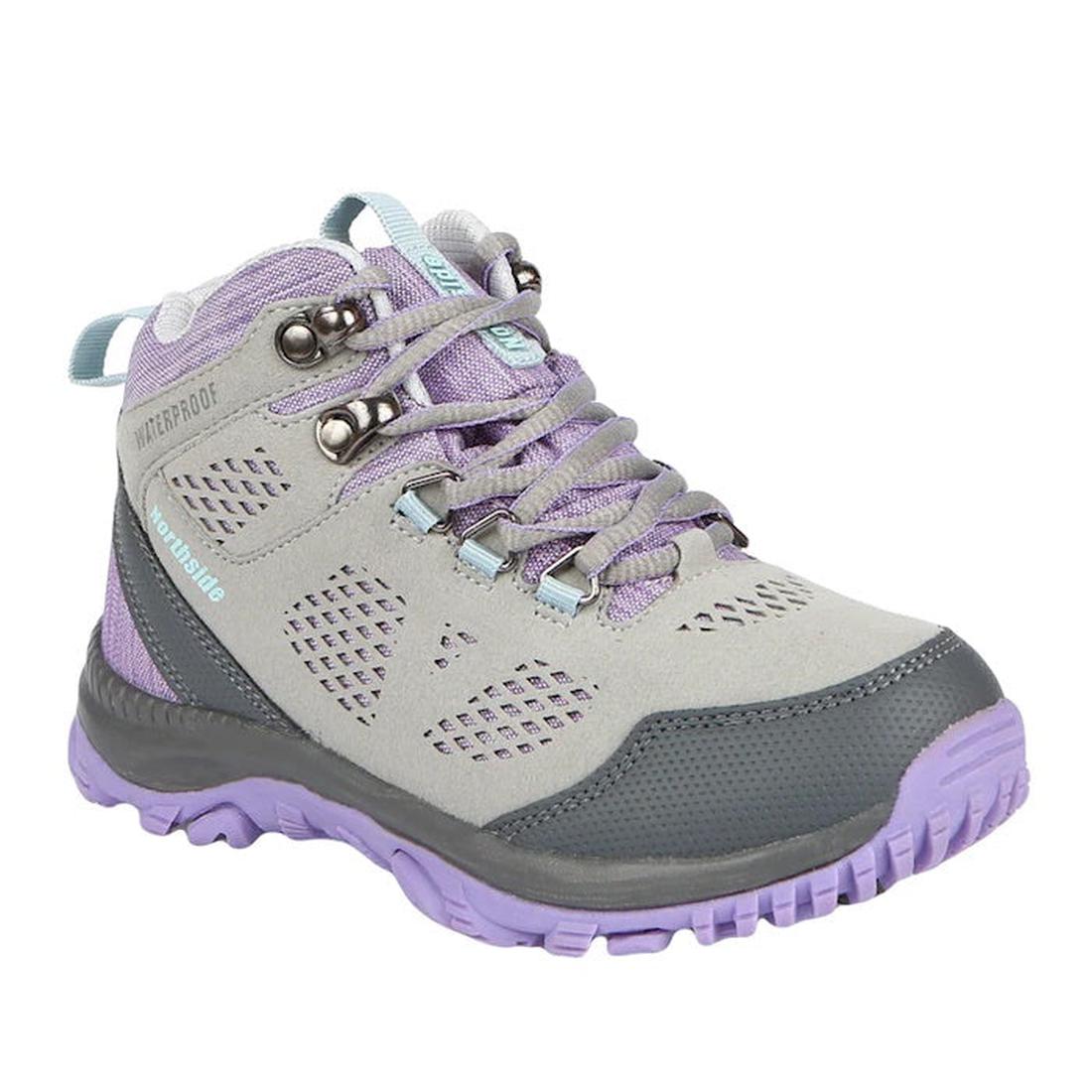 Northside Benton Kids Mid WP Boot in Grey Lilac, with a sturdy sole, waterproof build, purple laces, and breathable mesh panels.  ksnz