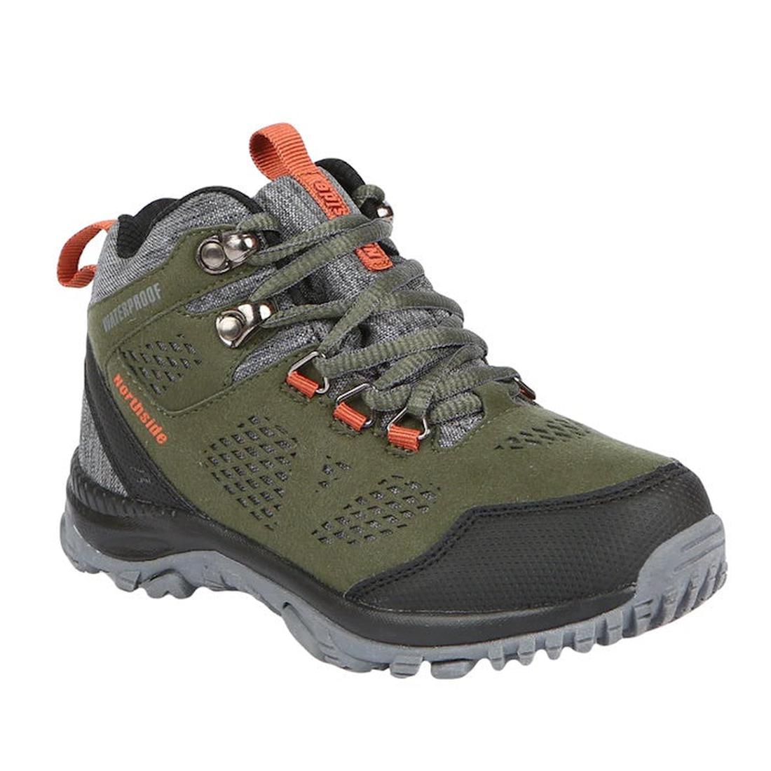 Northside Benton Kids Mid WP Boot Olive: waterproof olive and black boot with gray laces, orange accents, and sturdy gray traction sole.  ksnz