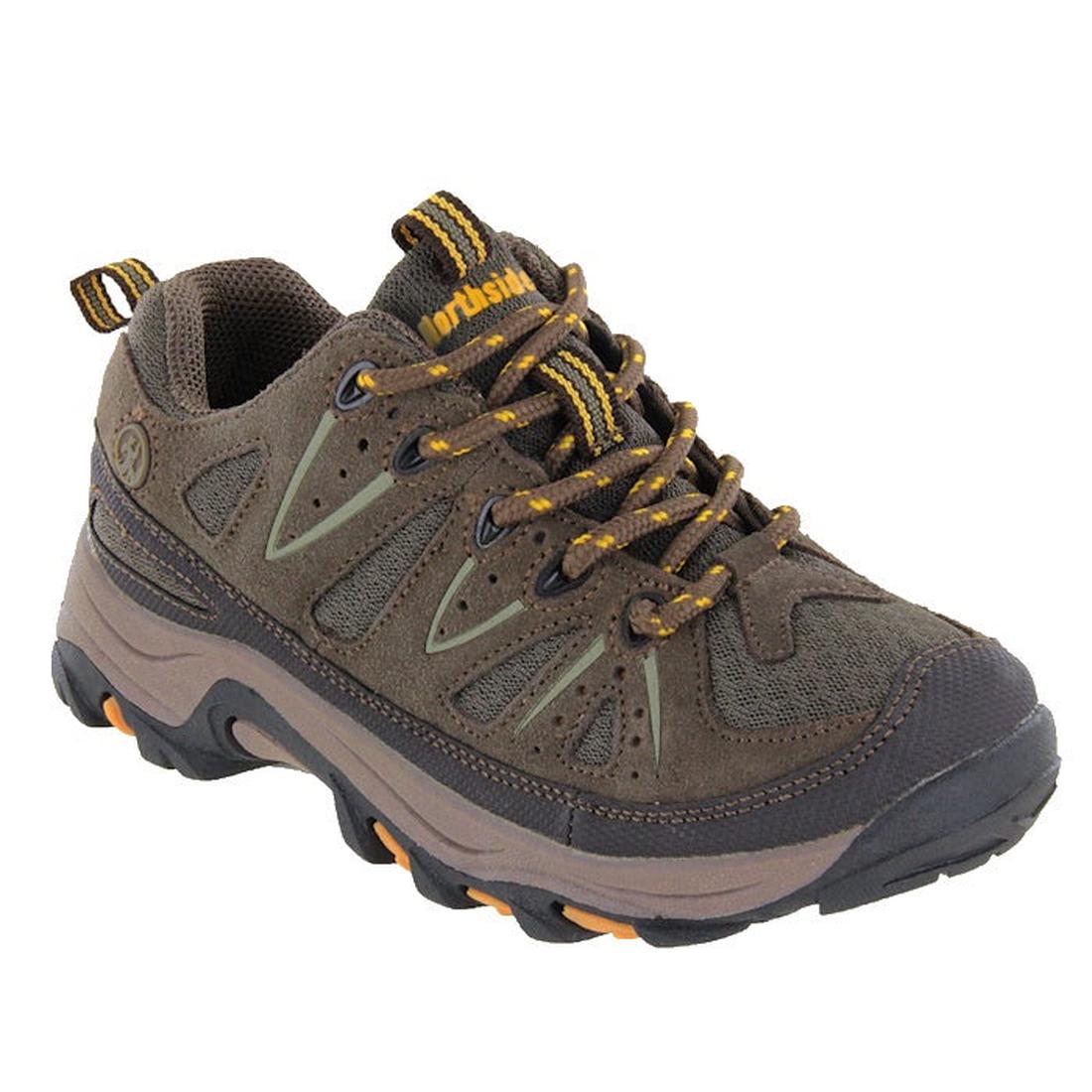 Northside Cheyenne Low Kids Hiker in taupe—comfy kids’ hikers in brown/olive, grippy black sole, mesh/suede, easy yellow-striped lace.  ksnz
