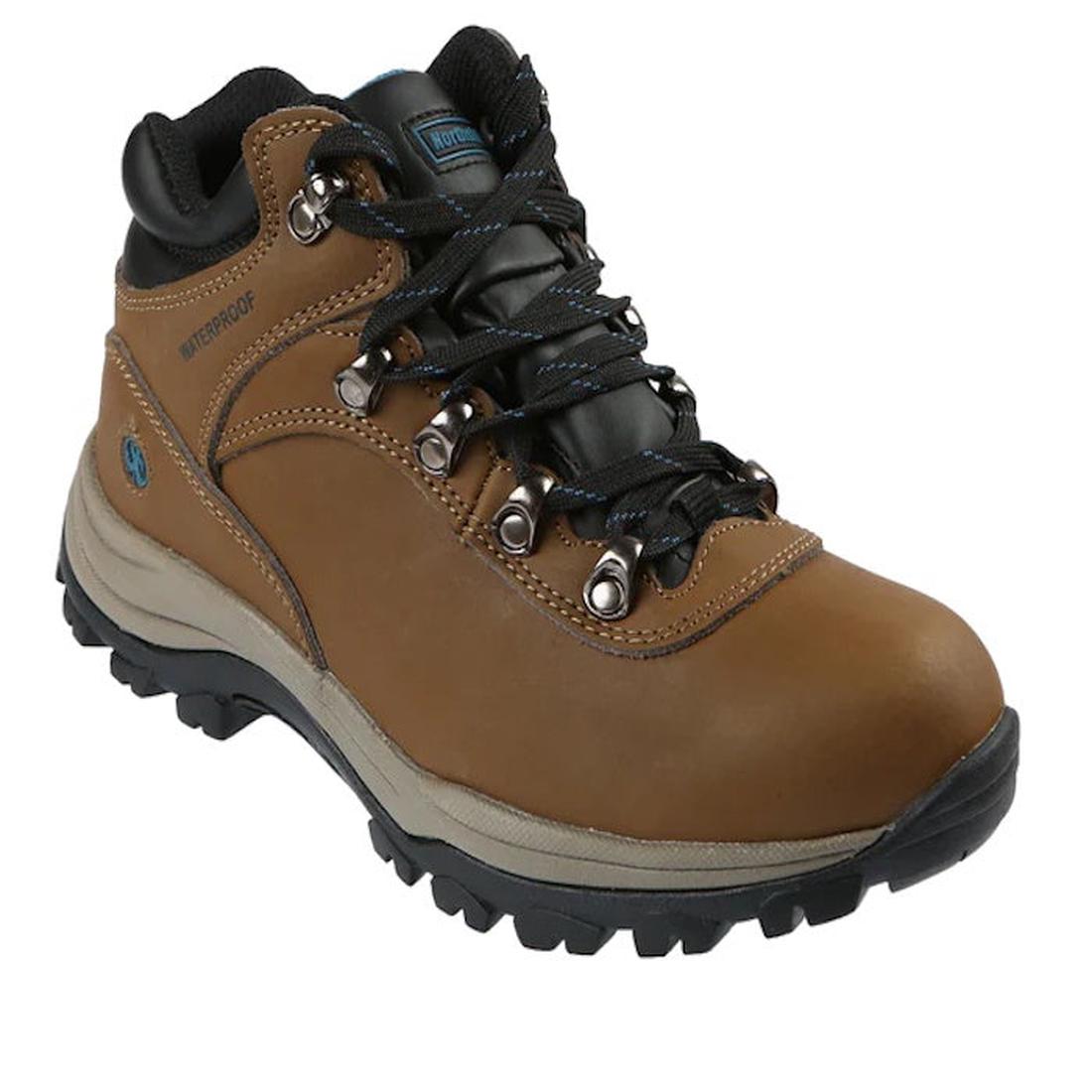 Northside Apex Lite Women's Mid Boot in brown, with sturdy black laces, rugged outsole, metal eyelets, and cushioned support.  ksnz