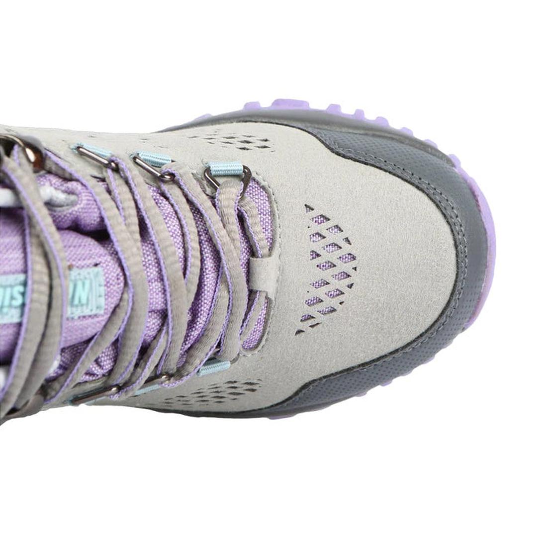 Northside Benton Kids Mid WP Boot in Grey Lilac, a waterproof kids’ boot with purple laces, gray sole, and breathable lining.  ksnz