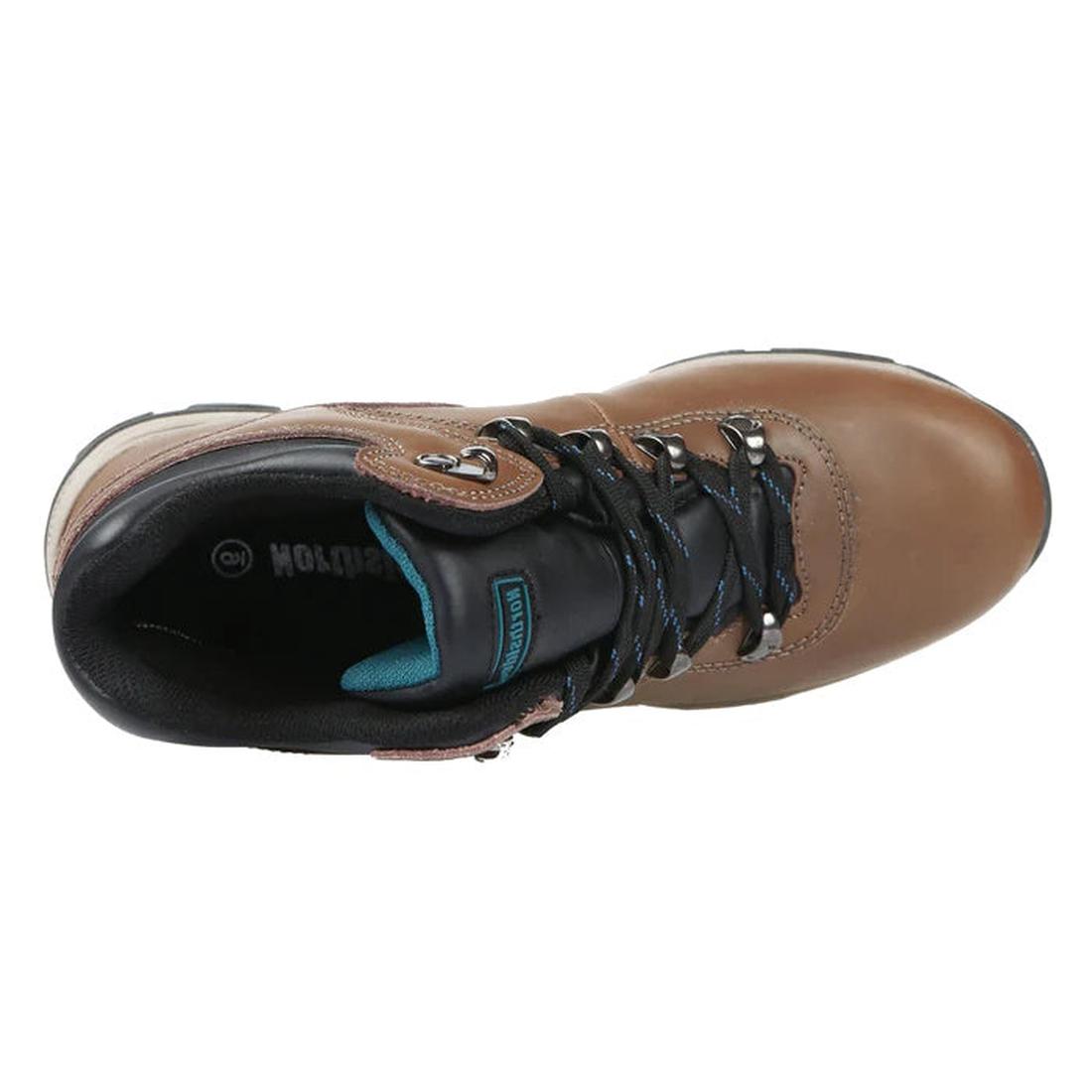 Northside Apex Lite Women's Mid Boot in brown, with sturdy black laces, teal tongue detail, comfy sole, and secure metal eyelets.  ksnz