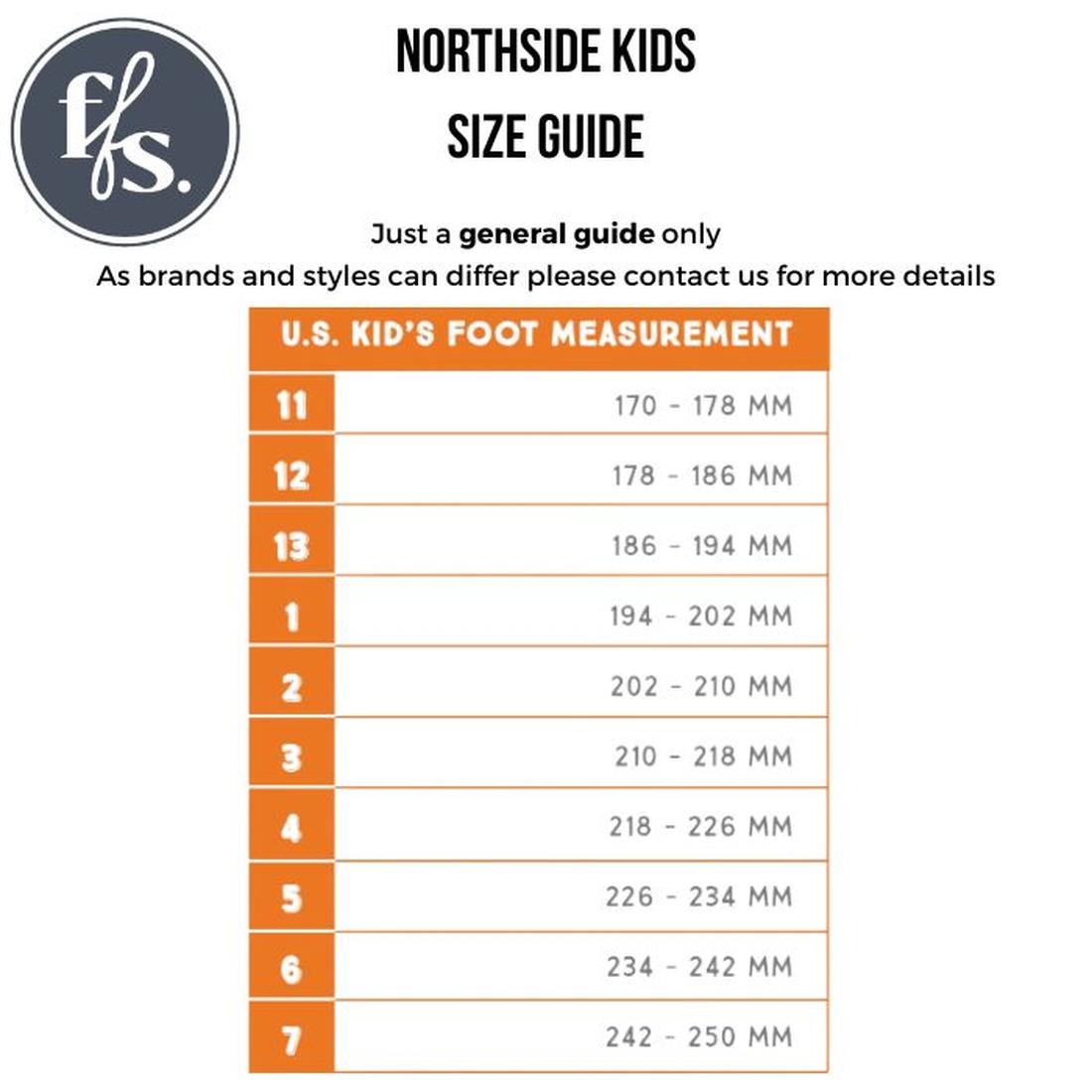Northside Kids shoe size guide showing US sizes 11 to 7, with corresponding foot lengths in millimeters ranging from 174–250 mm. This general guide is ideal when selecting supportive kids’ footwear such as the Northside - Cheyenne Low Kids Hiker Taupe Lac
