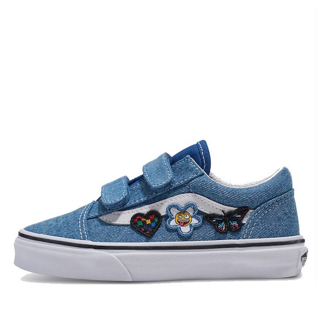 Vans Old Skool V Youths Denim Sneaker in blue: sturdy white sole, easy hook-and-loop straps, and cheerful patches kids will love.  ksnz
