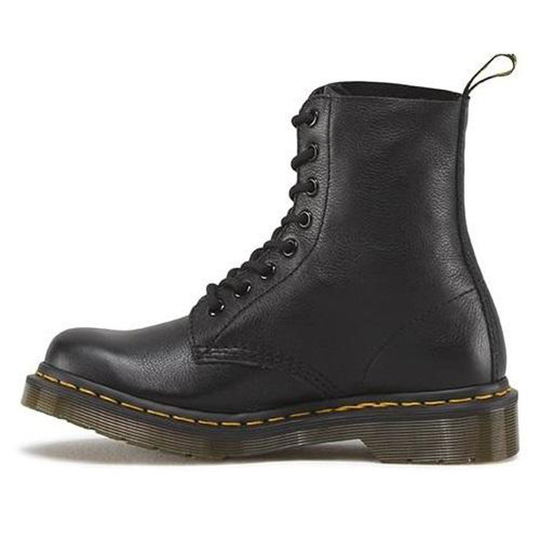 Inside leg view of the rght foot of a Dr Martens pascal Virginia letaher black 8 up boot showing the cut off top of the boot  the yellow stitching around the sole, 8 eyelets and black laces, also the pull tab on the upper back of the leg.,
883985729575,
8