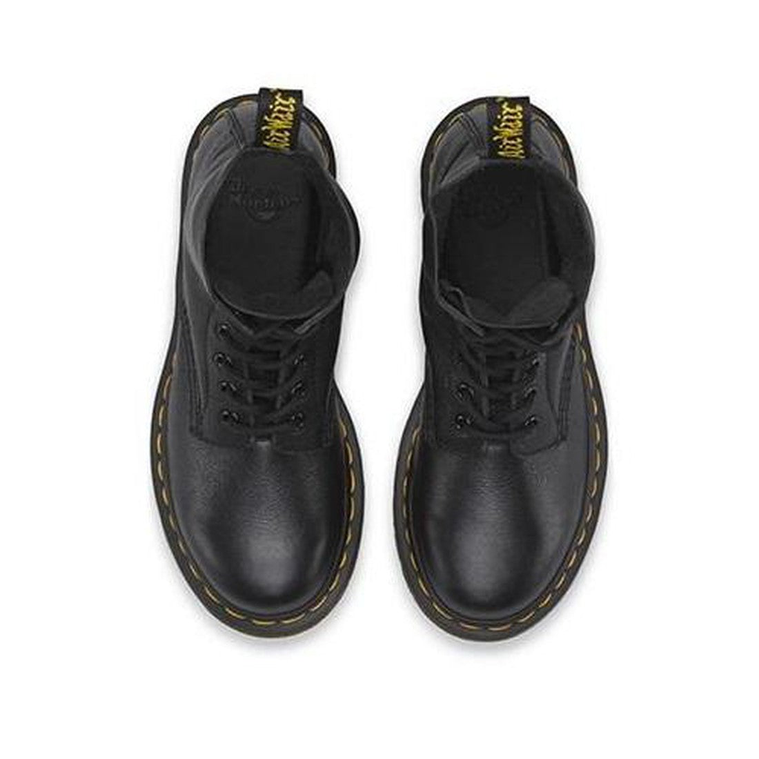 Top down view of the Dr Martens Black Pascal 1460 8 eye boot in virginia leather showing the unlined soft leather around the leg, pull tabs at the back of the leg, the toes and yellow stitching around the soles.,
883985729575,
883985729582,
883985729599,
