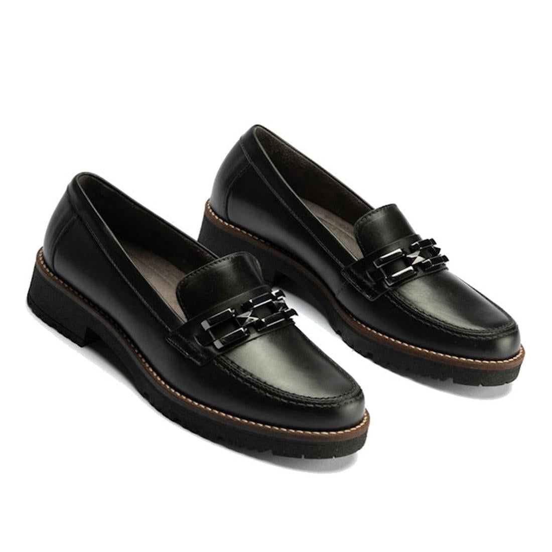 The Pitillos Womens Chunky Slip On Loafer Black Nappa Leather 10775 is a black leather loafer made in Spain, with a low chunky heel, brown stitching around the sole, and decorative black chain detail on the front., 51931, 8445191665485, 8445191665492, 844