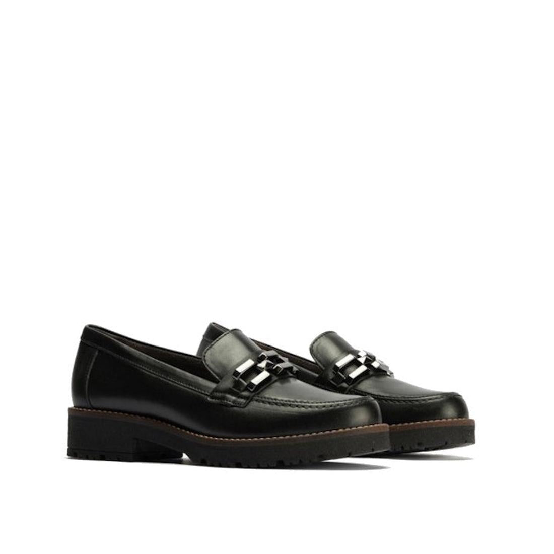 The Pitillos Womens Chunky Slip On Loafer 10775 in black nappa leather features chunky soles and a striking pewter embellishment, shown against a plain white background.