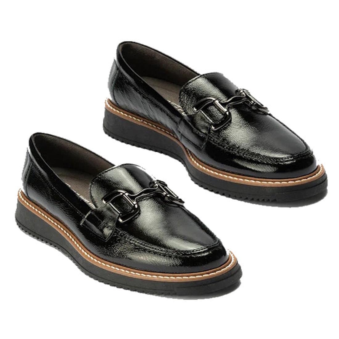 The Pitillos Womens Black Patent Slip On Loafer 10760 features shiny patent leather, chunky brown and black soles, and metal buckle details on the uppers for a stylish, comfortable look., 