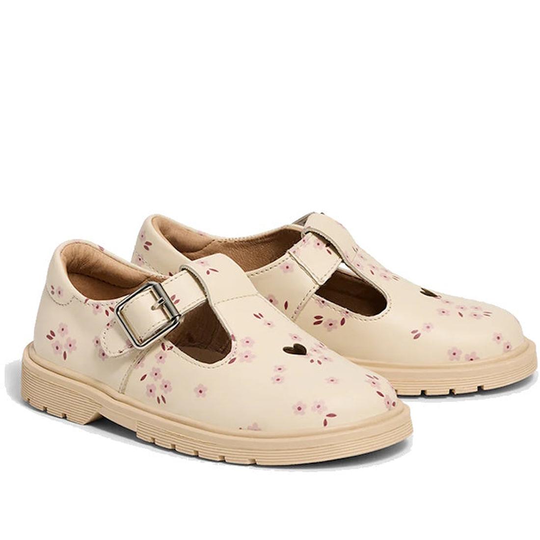 The Pretty Brave Girls Maddison Winter Bloom Pink Leather Mary Jane T Bar features cream leather, a silver buckle, pink floral patterns, and heart-shaped cutouts. Shown on a white background., 9420075362840, 9420075362833, 9420075362826, 9420075362819, 94