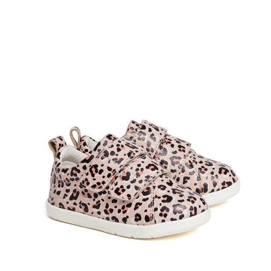 The Pretty Brave Brooklyn Trainer First Walker Leopard Pink features pink toddler shoes with black and brown leopard print, white soles, and Velcro straps—ideal for early walkers. Displayed against a plain white background.