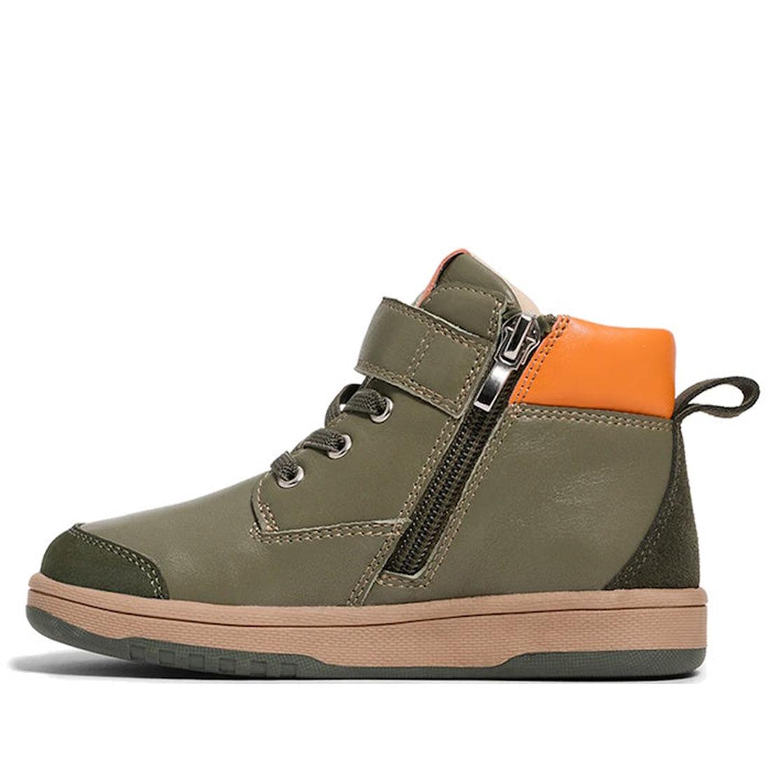 The Pretty Brave Hi Top Boot Corey Olive is a green high-top sneaker with a brown sole, orange heel accent, side zipper and Velcro strap, lace-up front, pull tab at the back—an everyday boot that’s podiatrist approved for comfort and support., 50474, 5047