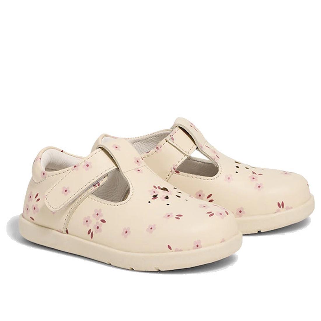 The Pretty Brave Miley First Walker Mary Jane T Bar features cream genuine leather with a pink and brown floral pattern, podiatrist-approved hook-and-loop closure, and a stylish T-bar design in Winter Bloom Pink., 9420075361980, 9420075361973, 94200753619