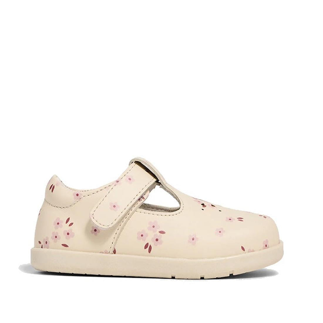 The Pretty Brave Miley First Walker Mary Jane T Bar Leather Winter Bloom Pink is a genuine leather, podiatrist-approved beige shoe with a Velcro closure and pink and burgundy flower details, shown on a white background.