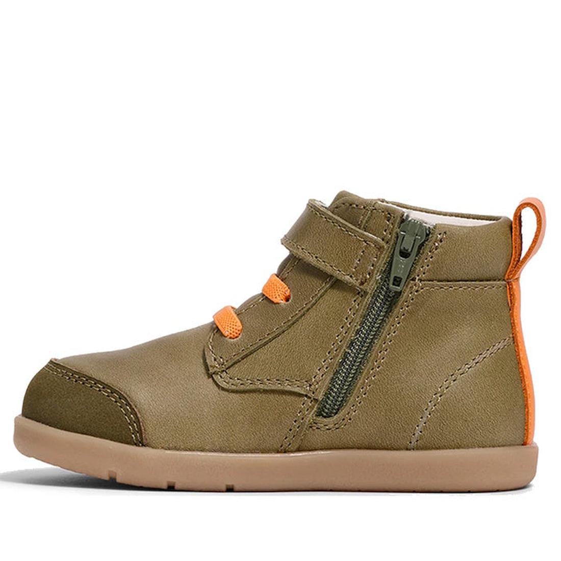 Shown in profile on a white background, the Pretty Brave Jessie First Walker Hi Top Leather Olive Green is a podiatrist-approved kids’ sneaker with orange heel loop, orange laces, side zipper, and hook-and-loop strap., 9420075361782, 9420075361775, 942007