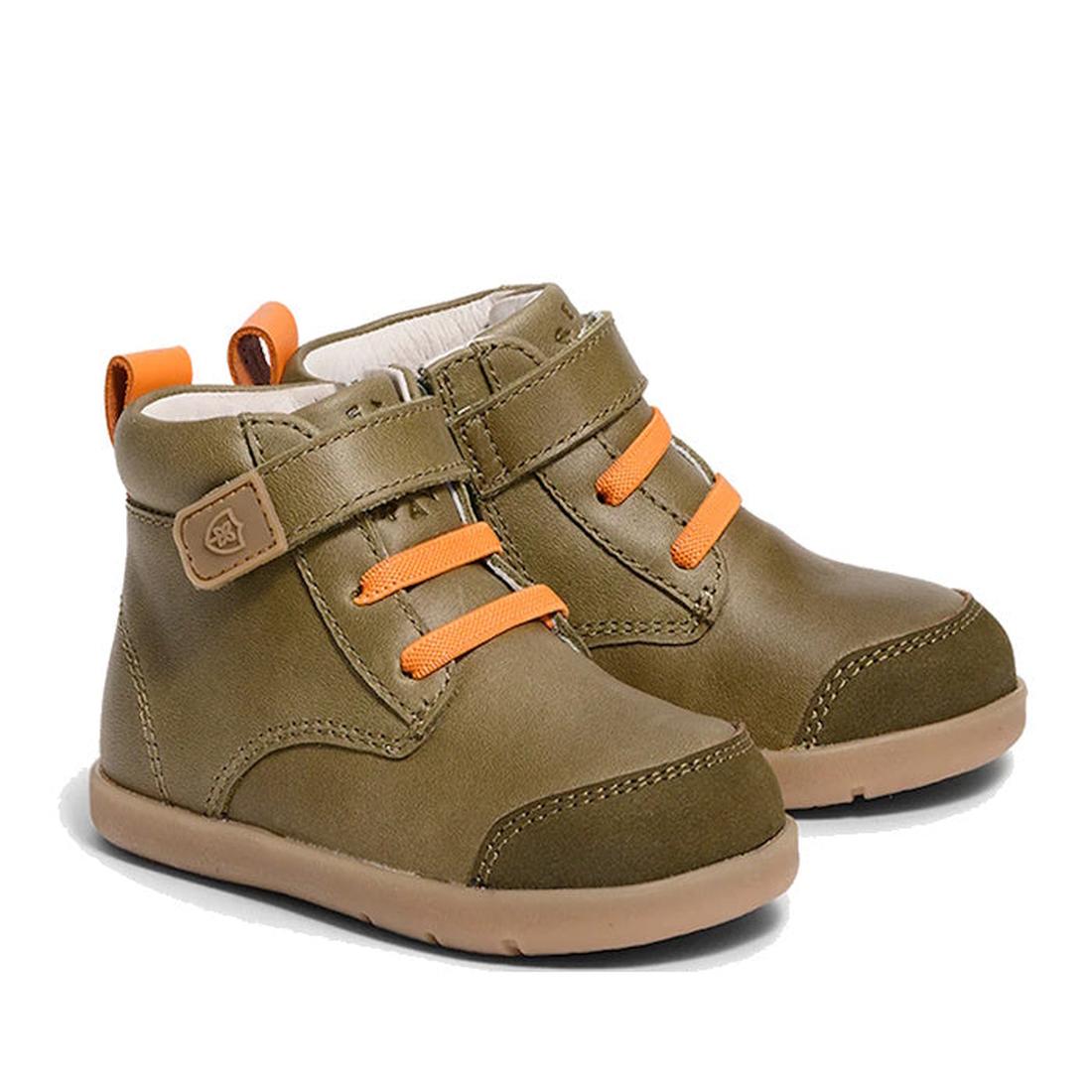 The Pretty Brave Jessie First Walker Hi Top Leather Olive Green features olive green genuine leather, orange laces, Velcro straps, beige soles, and orange back pull tabs. This supportive kids' sneaker is shown against a white background., 9420075361782, 9