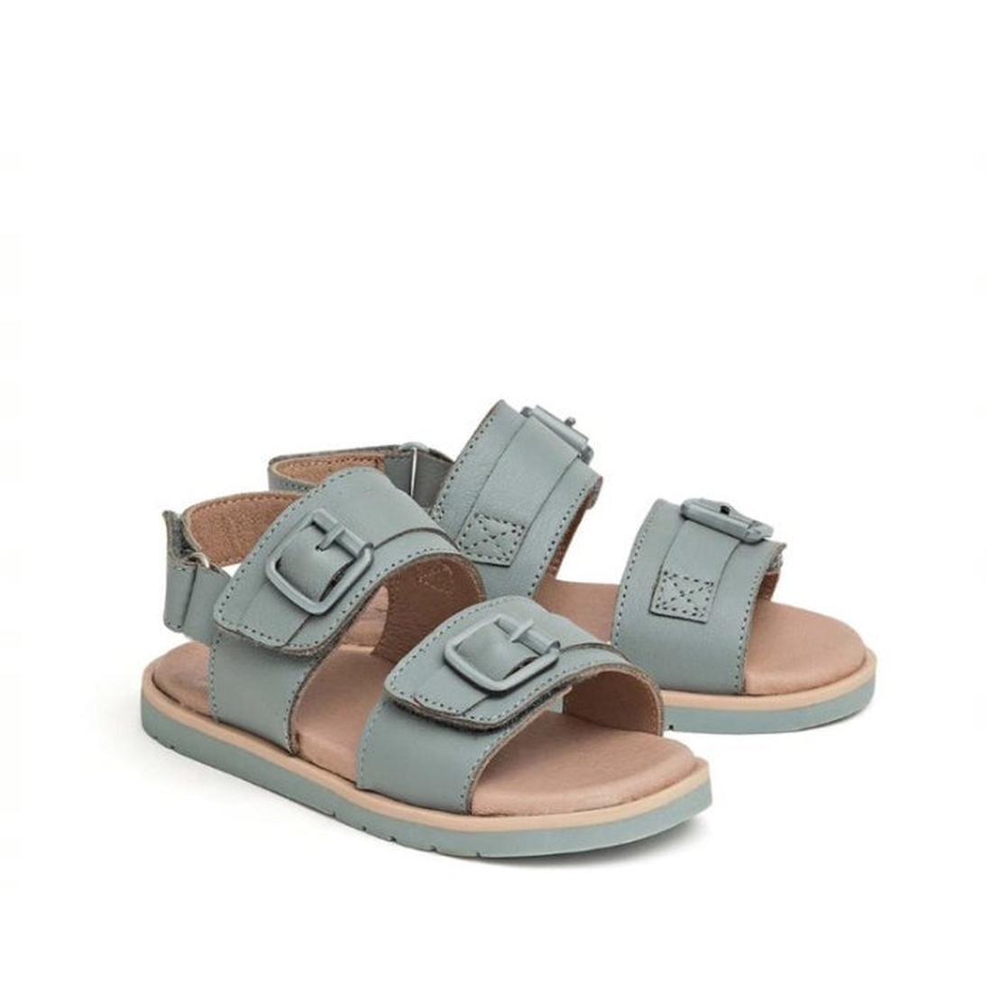 A pair of Seaform Blue leather kids sandals with two adjustable buckle straps and an ankle strap, flat sole, and open toe—just like the Pretty Brave Alex Leather Sandal (sizes 29-33). CLEARANCE NOT RETURNABLE.