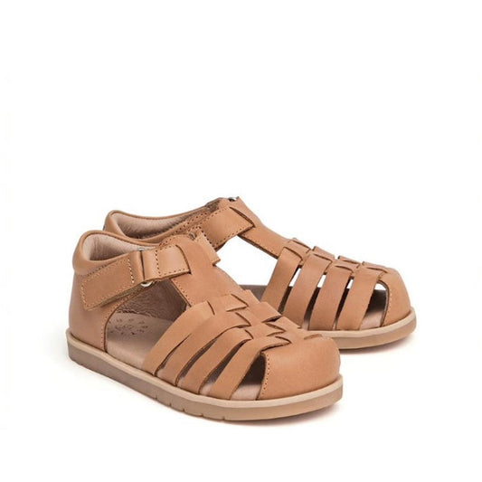The Pretty Brave Jamie Closed Toe Leather Sandal in Tan 29-31, with secure Velcro strap, soft woven leather, and comfy flat sole.  ksnz